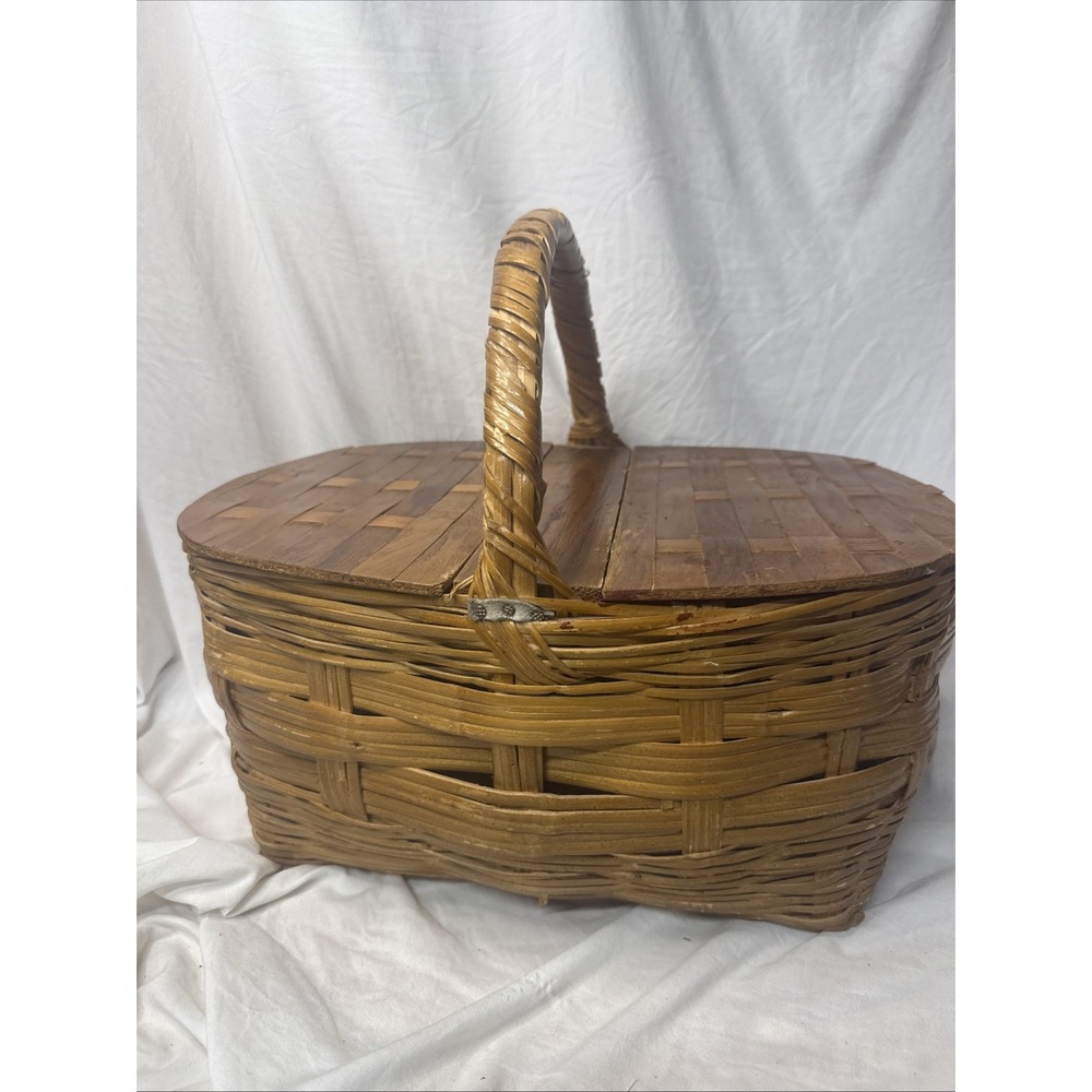 Vintage MCM Woven Split Wicker Rattan Wooden Flip Top Picnic Basket Travel Food
